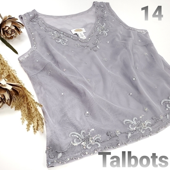 New TALBOTS Sheer Dazzled Multi Layer Gray Top Sz  14 - Picture 1 of 12